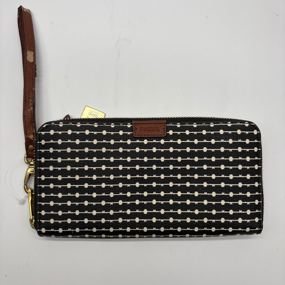 Fossil Emma Lg Zip Clutch Black White Dotted Stripe RFID Wallet See Description